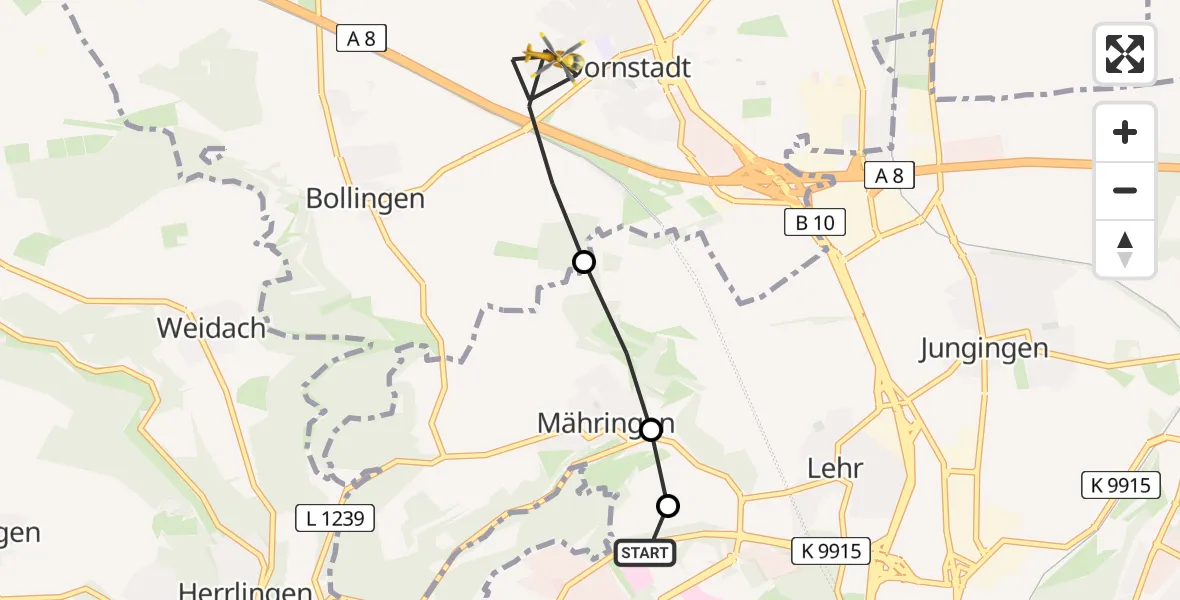 Flugroute Rettungshubschrauber Ulm Military Hospital Emergency - Dornstadt, 13 August 2026, 18:32