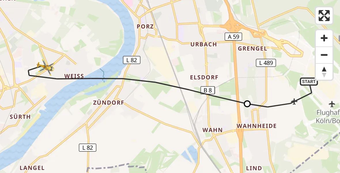 Flugroute Rettungshubschrauber Köln Bonn Flughafen - Köln, 13 August 2026, 18:35