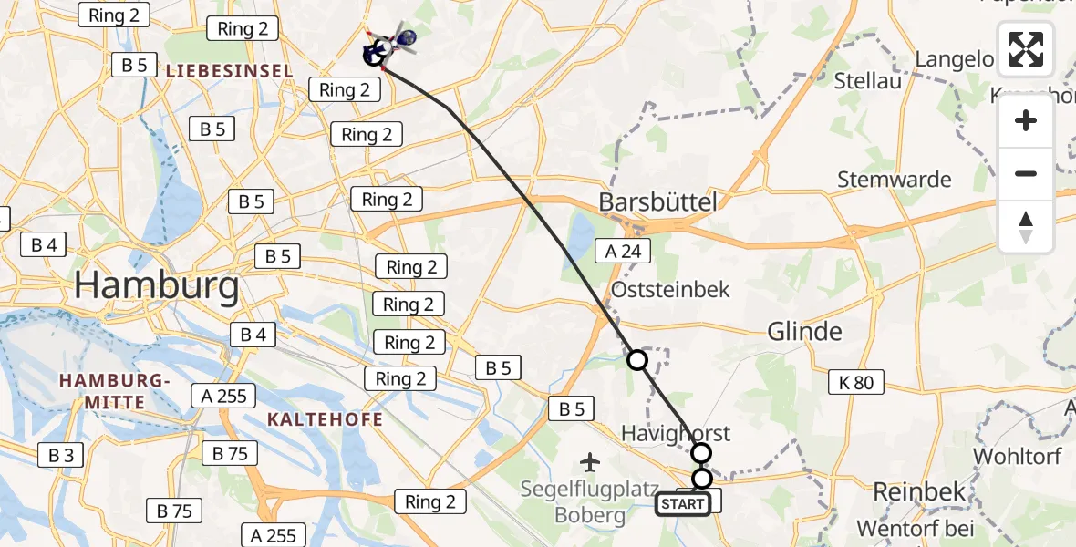 Flugroute Polizeihubschrauber Christoph Hansa ADAC Hubschrauberlandeplatz - Hamburg Military Hospital, 13 August 2026, 18:38