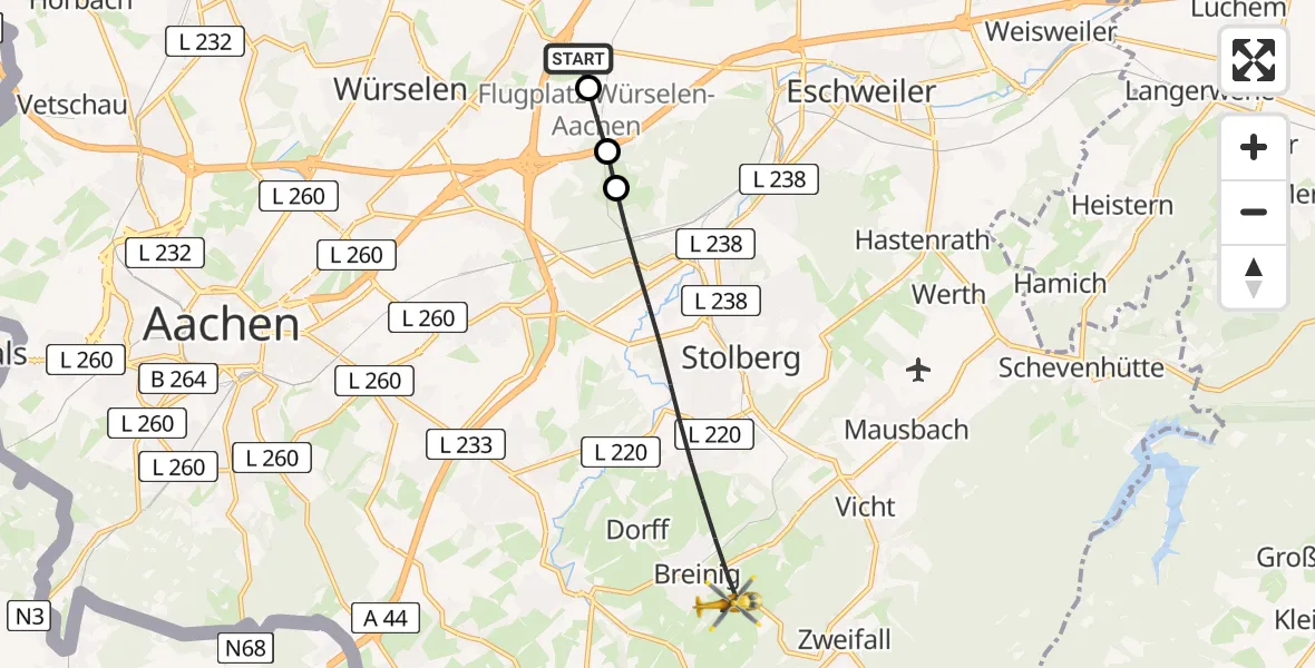 Flugroute Rettungshubschrauber Aachen-Merzbrück Flughafen - Stolberg (Rhld.), 13 August 2026, 18:40