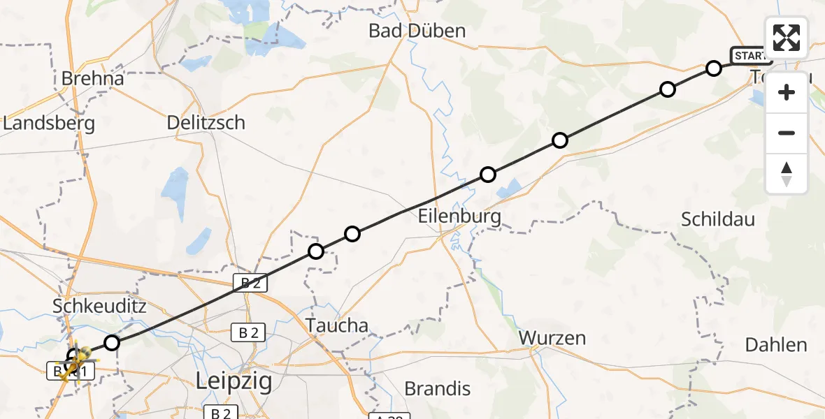 Flugroute Rettungshubschrauber Torgau - ADAC Air Rescue Station Leipzig/Schkeuditz-Dölzig Hubschrauberlandeplatz (Christoph 61), 13 August 2026, 18:45
