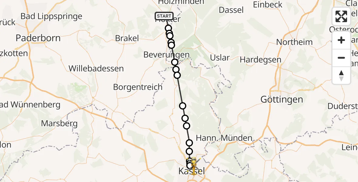 Flugroute Rettungshubschrauber Höxter - Kassel, 13 August 2026, 18:55