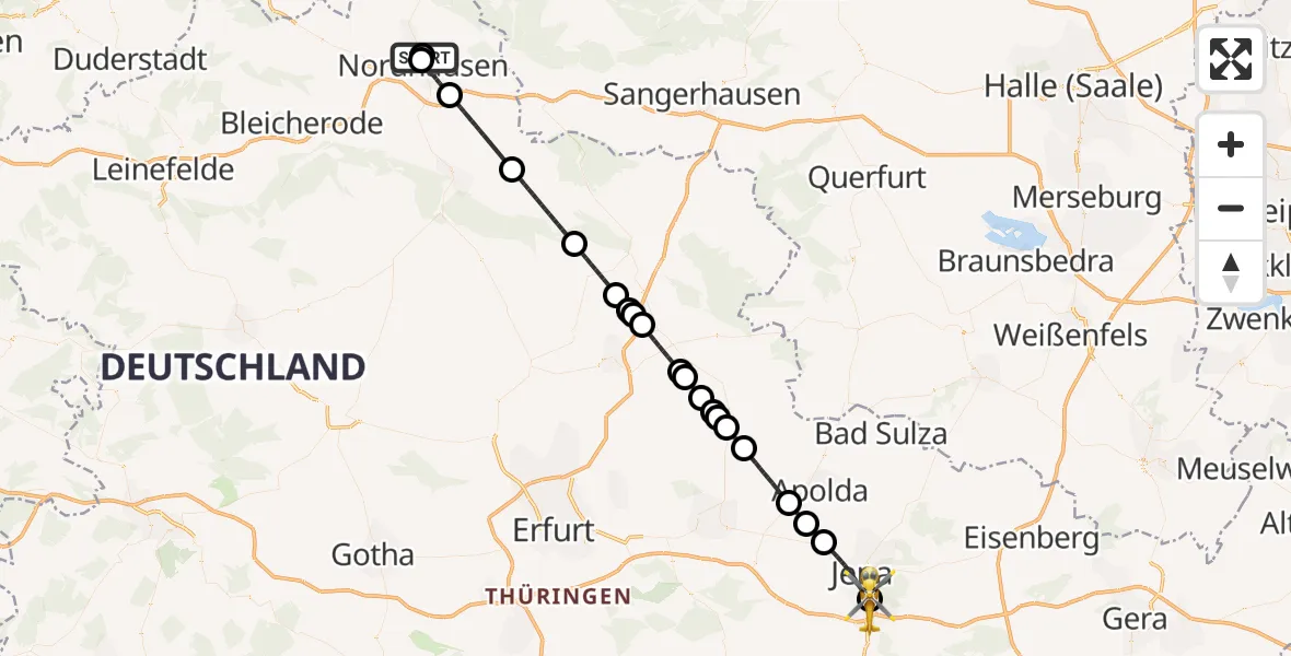Flugroute Ambulanzhubschrauber Südharz Hospital Nordhausen - Lobeda Hubschrauberlandeplatz, 13 August 2026, 18:58