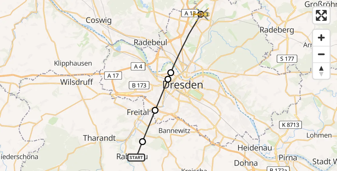 Flugroute Rettungshubschrauber Rabenau - Dresden Bundespolizei Hubschrauberlandeplatz, 13 August 2026, 18:59