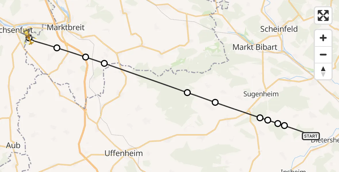 Flugroute Rettungshubschrauber Dietersheim - Ochsenfurt Hospital, 13 August 2026, 18:59