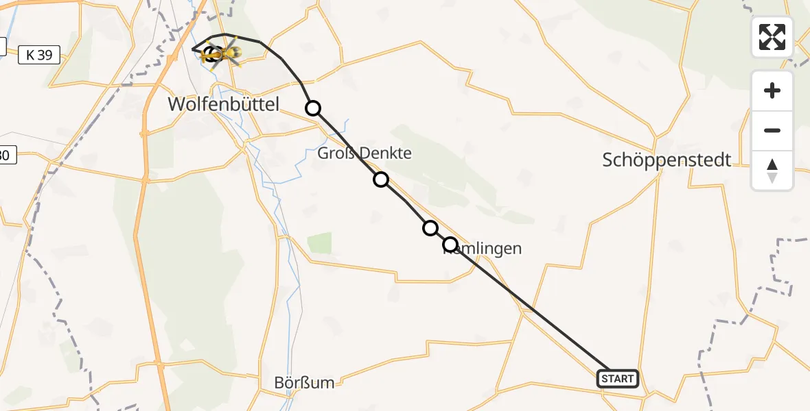 Flugroute Rettungshubschrauber Roklum - Wolfenbüttel Municipal Hospital Heliport (Christoph 30), 13 August 2026, 19:03