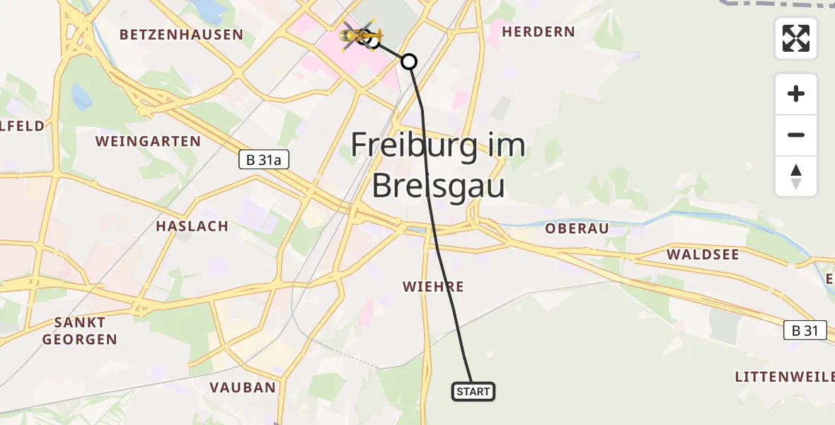 Flugroute Ambulanzhubschrauber Freiburg im Breisgau - Freiburg University Hospital Heliport 1, 13 August 2026, 19:05