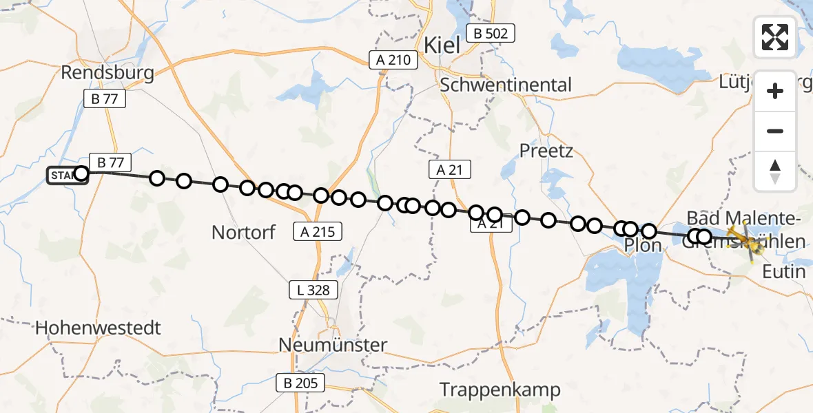 Flugroute Ambulanzhubschrauber Hörsten - Malente, 13 August 2026, 19:08