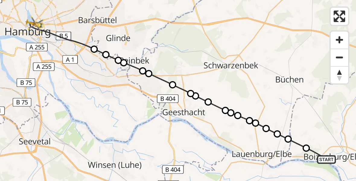 Flugroute Rettungshubschrauber Boizenburg/Elbe - Hamburg, 13 August 2026, 19:17