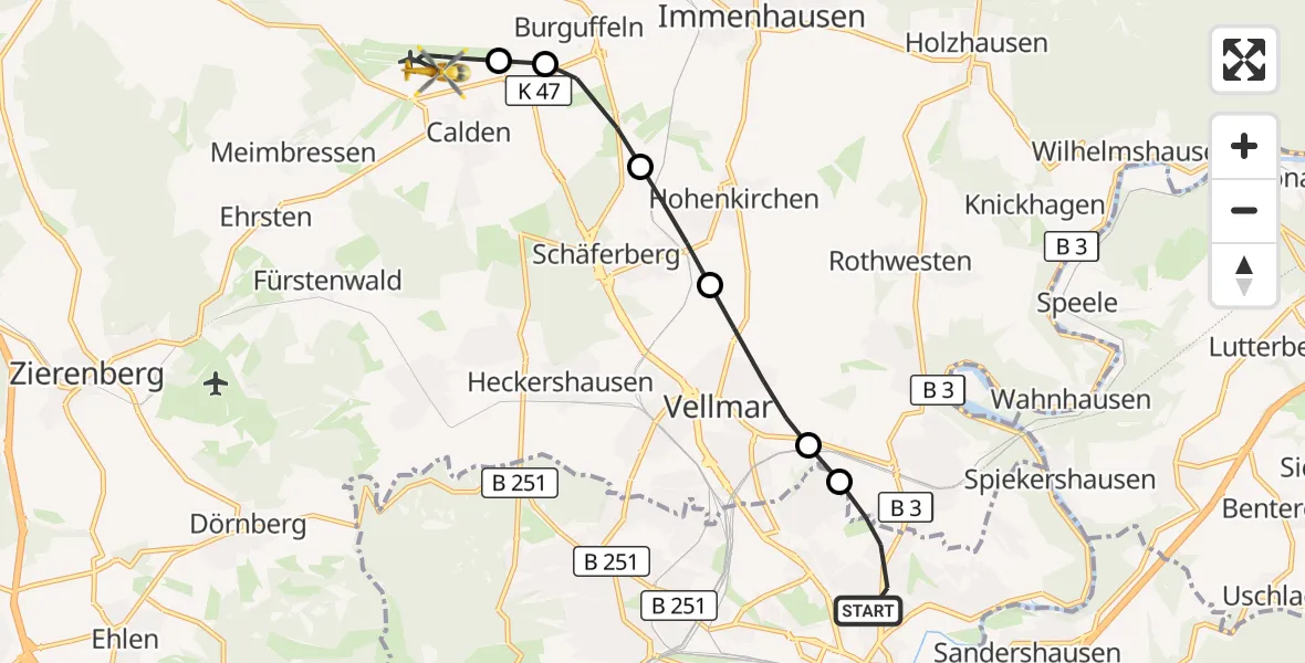Flugroute Rettungshubschrauber Kassel - Kassel Flughafen, 13 August 2026, 19:19