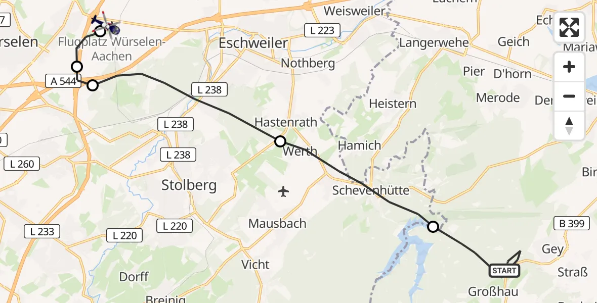 Flugroute Polizeihubschrauber Hürtgenwald - Aachen-Merzbrück Flughafen, 13 August 2026, 19:22