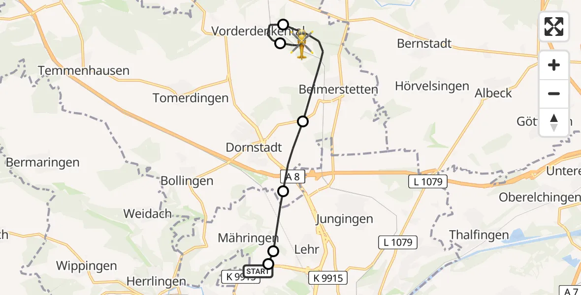 Flugroute Rettungshubschrauber Ulm Military Hospital Emergency - Beimerstetten, 13 August 2026, 19:25