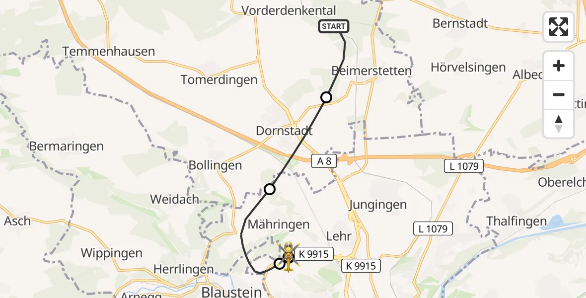 Flugroute Rettungshubschrauber Beimerstetten - ADAC Air Rescue Station Ulm (Christoph 22), 13 August 2026, 19:36