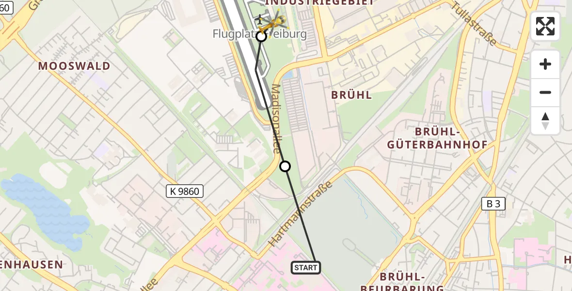 Flugroute Ambulanzhubschrauber Freiburg University Hospital Heliport 1 - Freiburg im Breisgau Flugplatz, 13 August 2026, 19:40