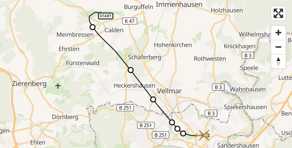 Flugroute Rettungshubschrauber Kassel Flughafen - Kassel, 13 August 2026, 19:43