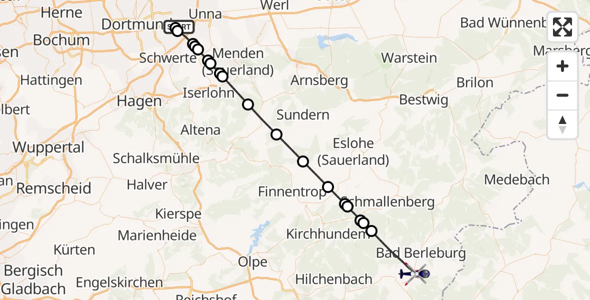 Flugroute Polizeihubschrauber Dortmund Flughafen - Bad Berleburg, 13 August 2026, 19:46