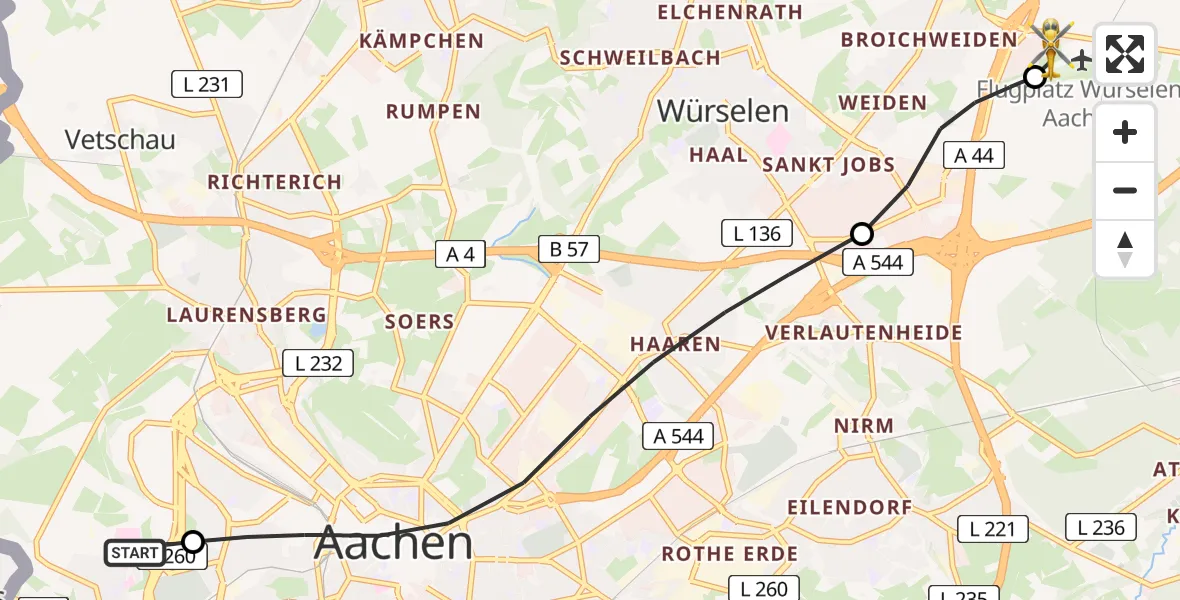 Flugroute Rettungshubschrauber Aachen Hospital - Aachen-Merzbrück Flughafen, 13 August 2026, 19:50