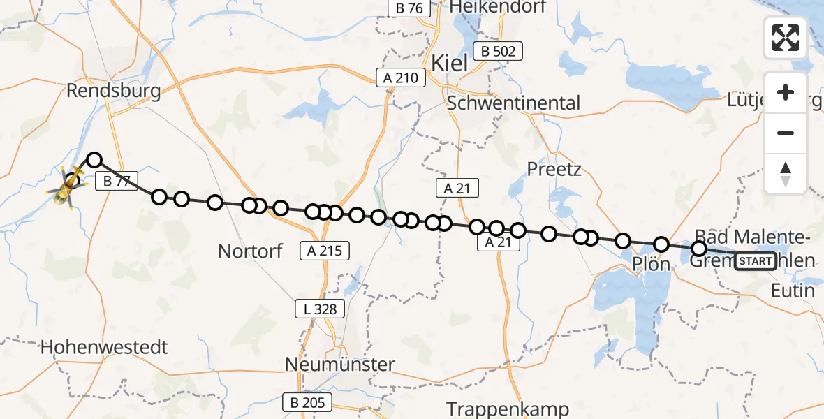 Flugroute Ambulanzhubschrauber Malente - Rendsburg-Schachtholm Flugplatz, 13 August 2026, 20:00