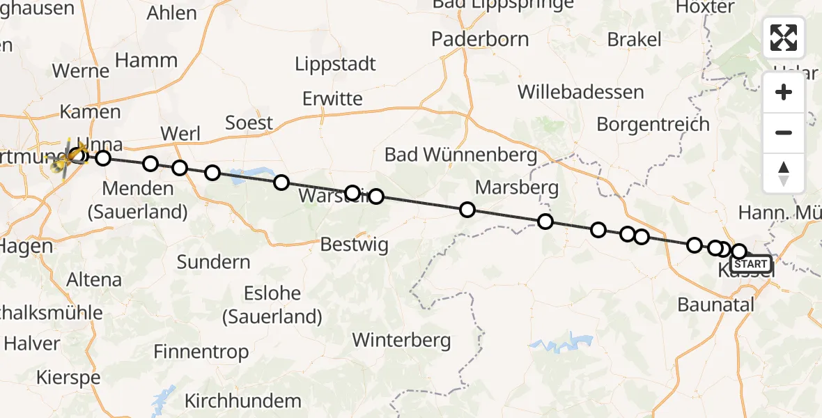 Flugroute Rettungshubschrauber Kassel - Dortmund Flughafen, 13 August 2026, 20:02