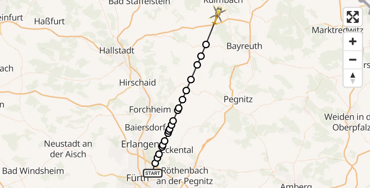 Flugroute Rettungshubschrauber Flughafen Nuremberg - Thurnau, 13 August 2026, 20:08
