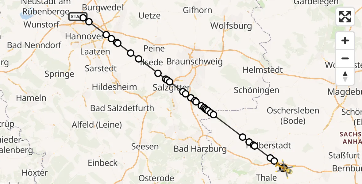 Flugroute Rettungshubschrauber Flughafen Hannover - Harz Hospital Quedlinburg, 13 August 2026, 20:11