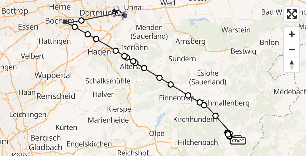 Flugroute Polizeihubschrauber Bad Berleburg - Dortmund Flughafen, 13 August 2026, 20:33