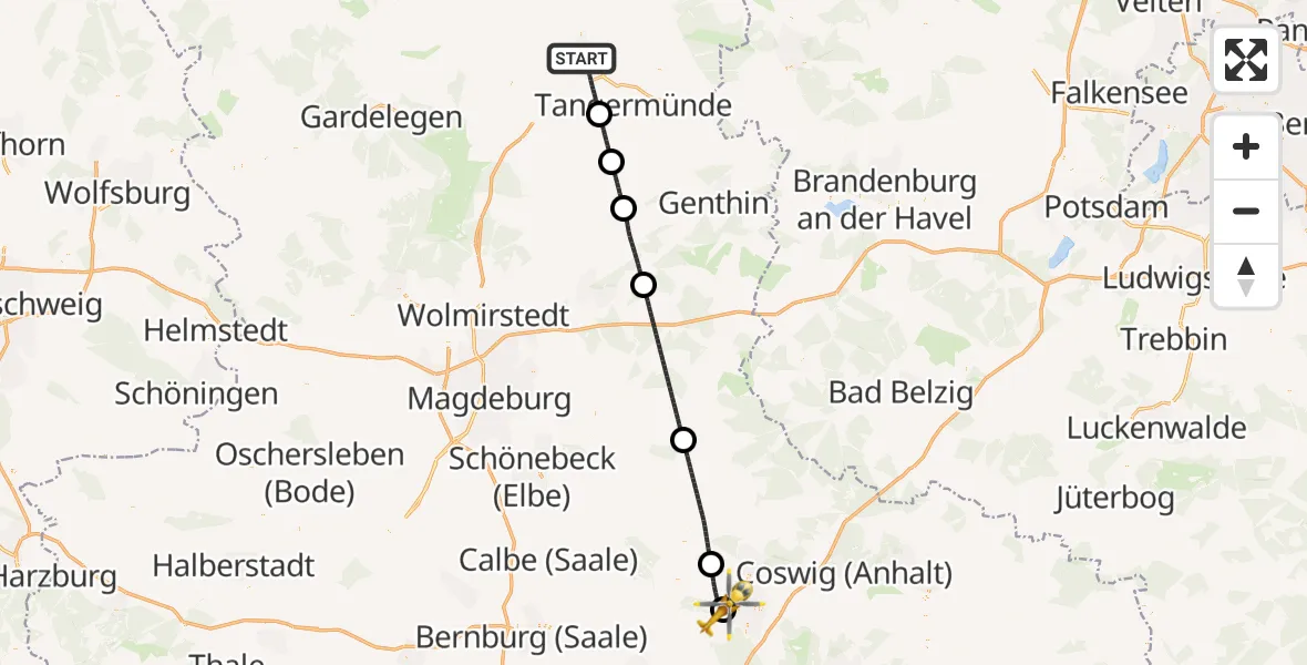 Flugroute Rettungshubschrauber Stendal - Dessau Flugplatz, 13 August 2026, 20:39