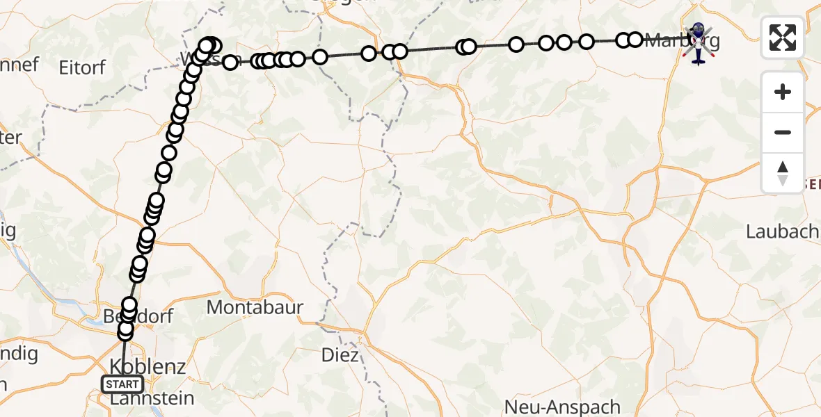 Flugroute Polizeihubschrauber Koblenz - Marburg, 13 August 2026, 21:10