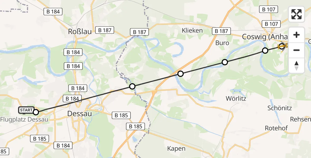 Flugroute Rettungshubschrauber Dessau Flugplatz - MediClin Heart Center Coswig Hubschrauberlandeplatz, 13 August 2026, 21:26