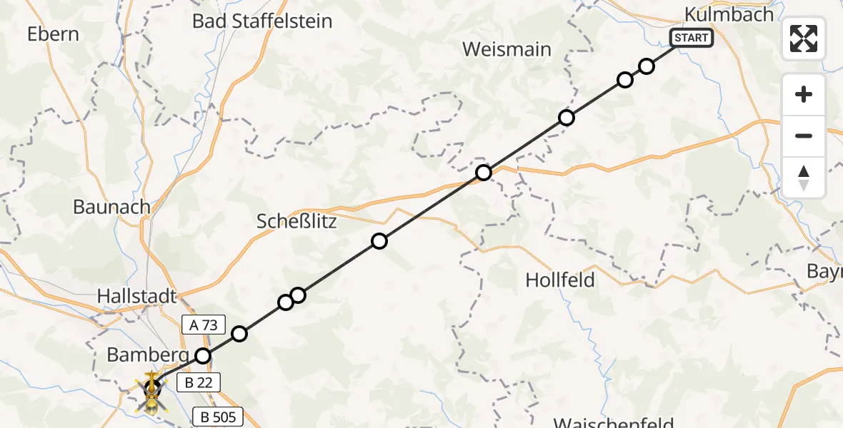 Flugroute Rettungshubschrauber Kulmbach - Bamberg Hospital, 13 August 2026, 21:32