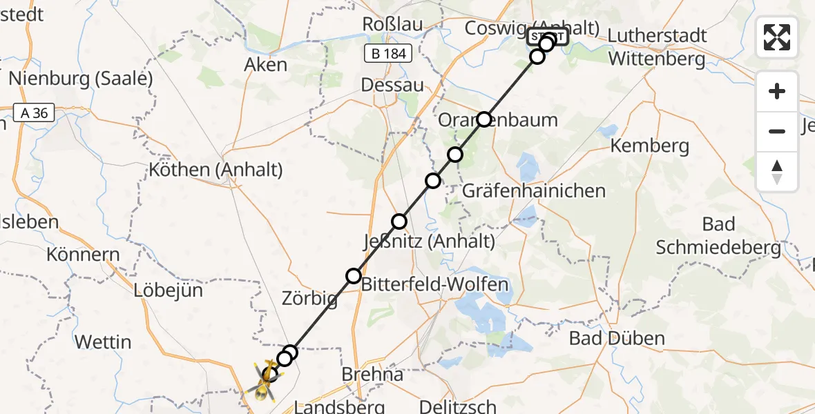 Flugroute Rettungshubschrauber MediClin Heart Center Coswig Hubschrauberlandeplatz - Halle-Oppin Flugplatz, 13 August 2026, 22:03
