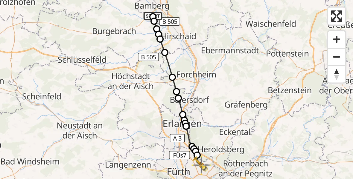 Flugroute Rettungshubschrauber Bamberg Hospital - Flughafen Nuremberg, 13 August 2026, 22:28