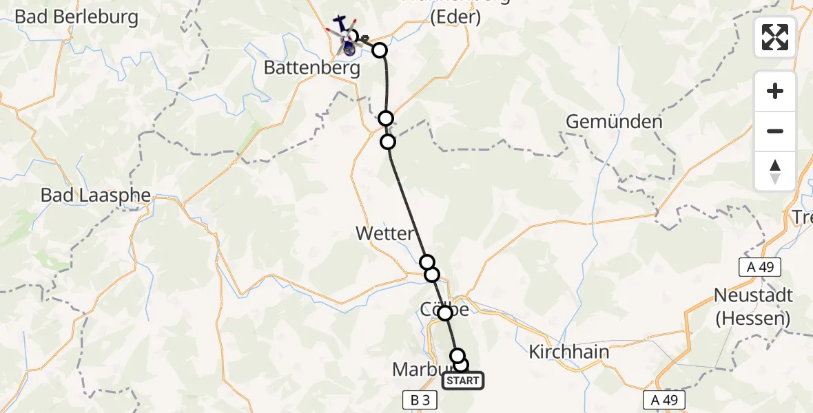 Flugroute Polizeihubschrauber Marburg - Allendorf-Eder Flugplatz, 13 August 2026, 22:33