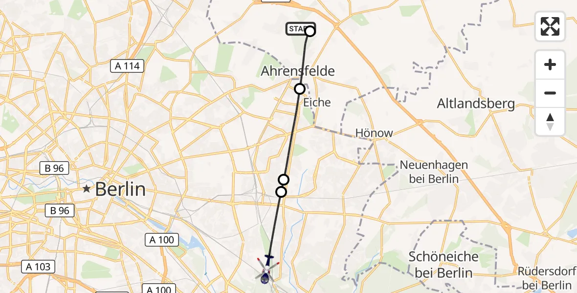 Flugroute Polizeihubschrauber Ahrensfelde Hubschrauberlandeplatz - Berlin, 13 August 2026, 22:56