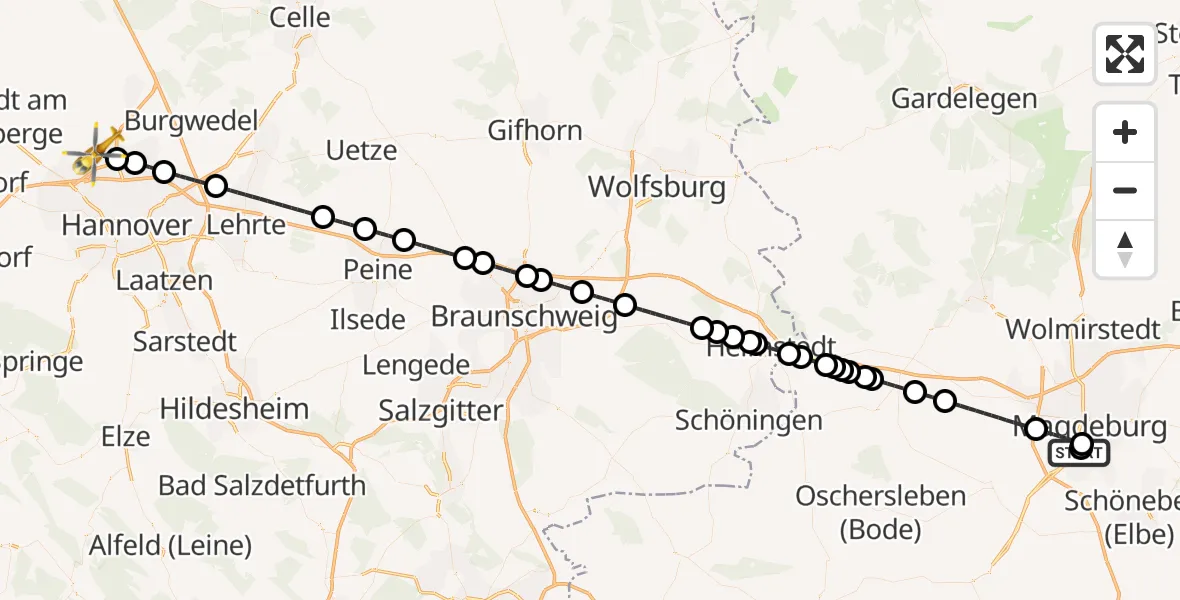 Flugroute Rettungshubschrauber Magdeburg University Hospital - Flughafen Hannover, 13 August 2026, 23:04