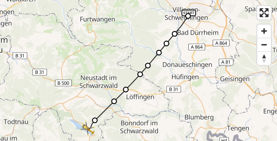 Flugroute Ambulanzhubschrauber DRF Air Rescue Station Villingen-Schwenningen Hubschrauberlandeplatz (Christoph 11) - Schluchsee, 13 August 2026, 23:10