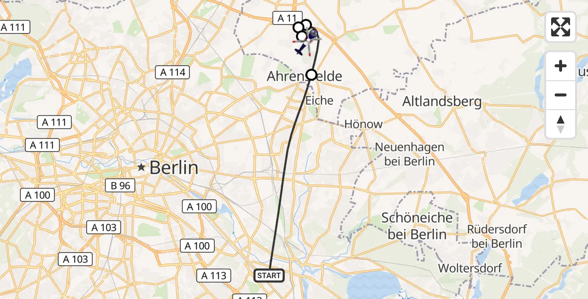 Flugroute Polizeihubschrauber Berlin - Ahrensfelde Hubschrauberlandeplatz, 13 August 2026, 23:30