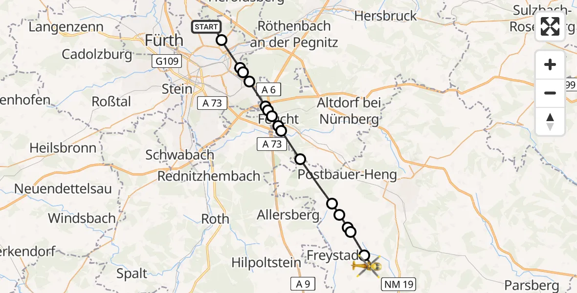 Flugroute Rettungshubschrauber Flughafen Nuremberg - Mühlhausen, 13 August 2026, 23:31