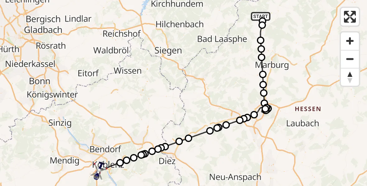Flugroute Polizeihubschrauber Allendorf (Eder) - Koblenz-Winningen Flugplatz, 13 August 2026, 23:32