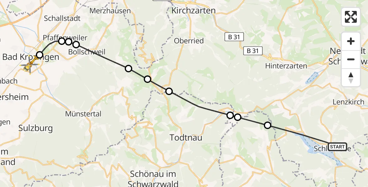 Flugroute Ambulanzhubschrauber Schluchsee - Bad Krozingen, 13 August 2026, 23:43