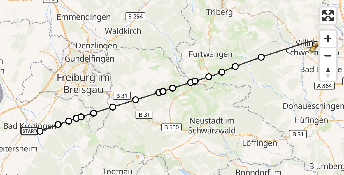 Flugroute Ambulanzhubschrauber Bad Krozingen - DRF Air Rescue Station Villingen-Schwenningen Hubschrauberlandeplatz (Christoph 11), 14 August 2026, 00:26