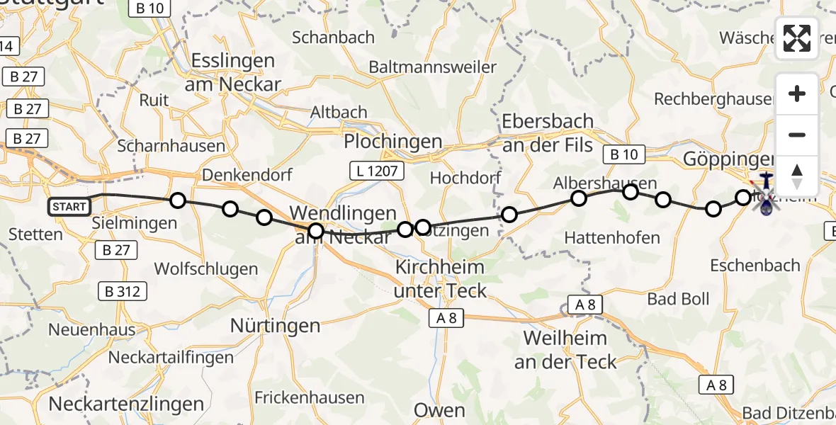 Flugroute Polizeihubschrauber Flughafen Stuttgart - Göppingen, 14 August 2026, 05:01