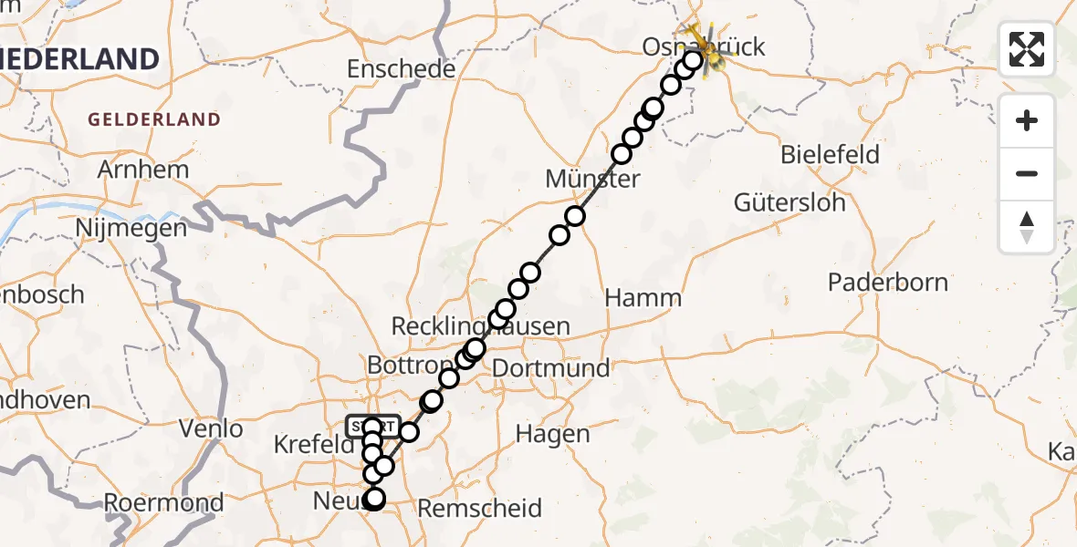Flugroute Rettungshubschrauber Duisburg Air Rescue Hubschrauberlandeplatz (Christoph 9) - Osnabrück, 14 August 2026, 05:08
