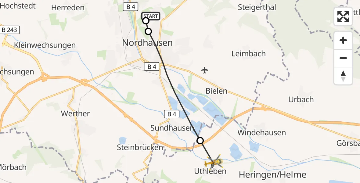 Flugroute Rettungshubschrauber Südharz Hospital Nordhausen - Heringen/Helme, 14 August 2026, 05:42