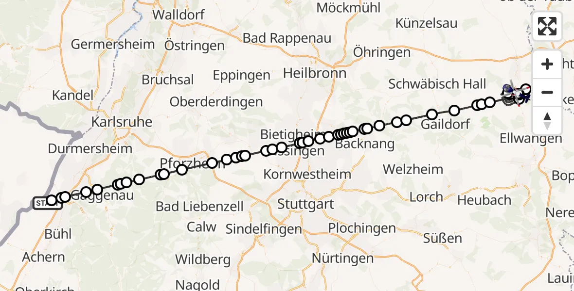 Flugroute Polizeihubschrauber Karlsruhe Baden-Baden Flughafen - Crailsheim, 14 August 2026, 05:42