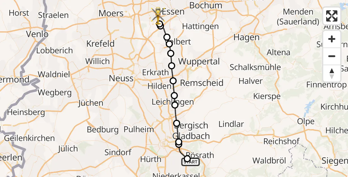 Flugroute Rettungshubschrauber Köln Bonn Flughafen - Mülheim an der Ruhr, 14 August 2026, 05:49