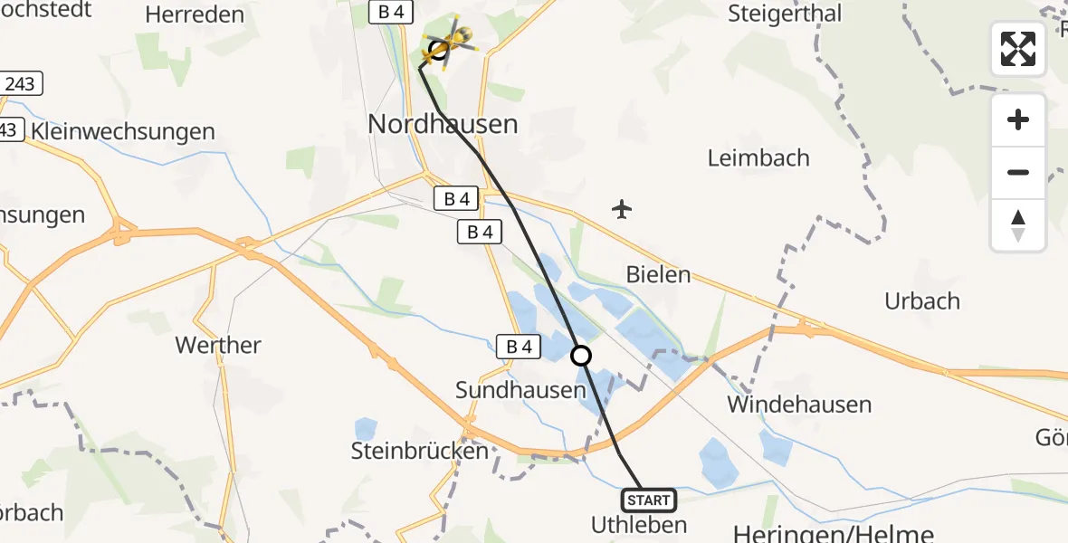 Flugroute Rettungshubschrauber Heringen/Helme - Südharz Hospital Nordhausen, 14 August 2026, 06:11