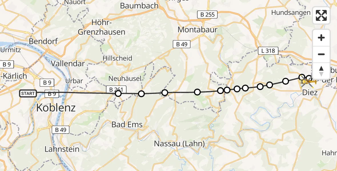 Flugroute Rettungshubschrauber Koblenz - Diez, 14 August 2026, 06:15