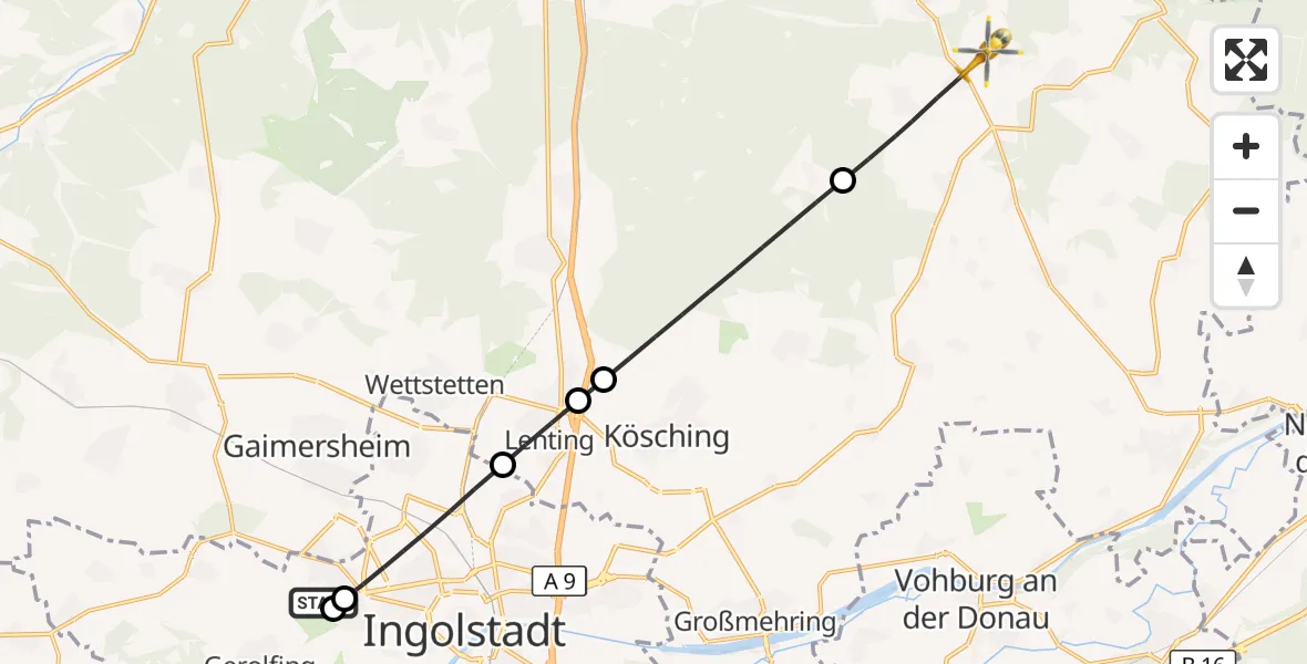 Flugroute Rettungshubschrauber Ingolstadt Hospital - Altmannstein, 14 August 2026, 06:24
