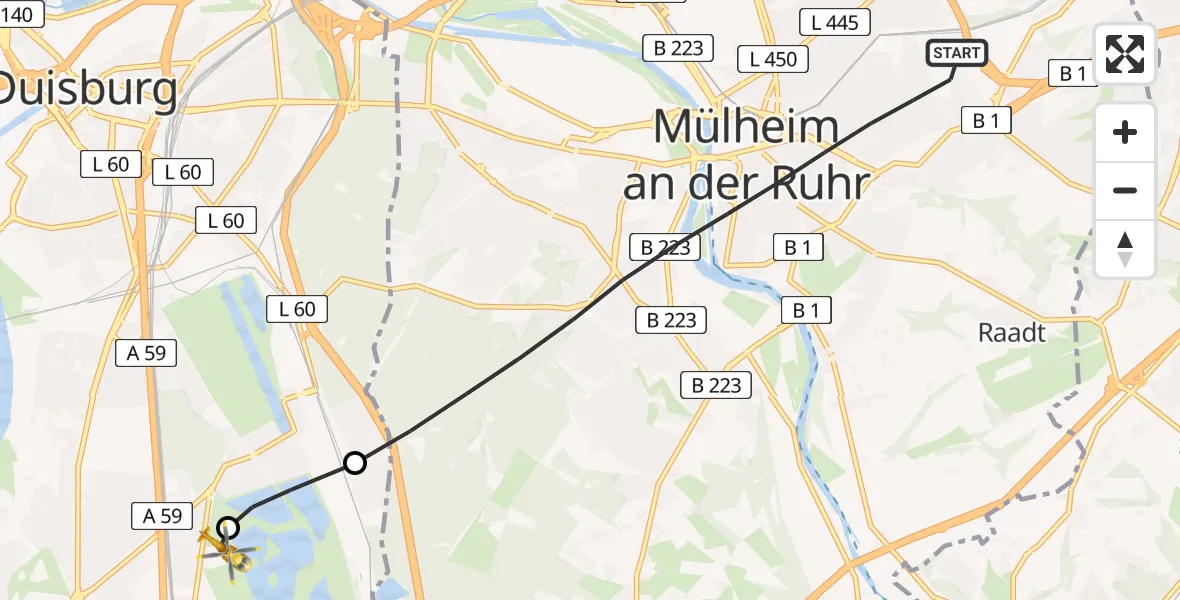 Flugroute Rettungshubschrauber Mülheim an der Ruhr - Duisburg Air Rescue Hubschrauberlandeplatz (Christoph 9), 14 August 2026, 06:32